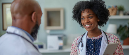 A doctor wearing a white coat and stethoscope smiles as she speaks with a patient.の素材