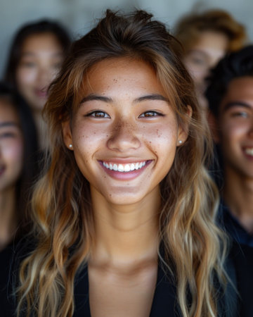 A close-up portrait of a young woman with long, wavy hair, smiling brightly at the camera.の素材