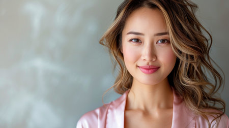 A woman with long brown hair and rosy cheeks smiles subtly in front of a textured gray wall.の素材