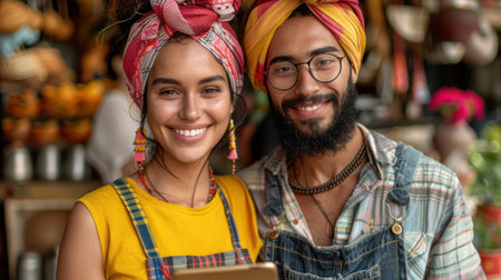 Two smiling business owners stand outside their market stall, ready to greet customers.の素材