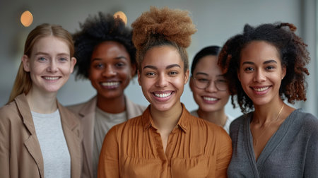 Five diverse women stand close together, smiling and looking at the camera.の素材