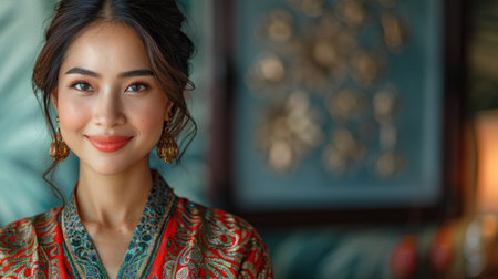 A woman smiles warmly at the camera, dressed in a beautiful red and green traditional garment.の素材