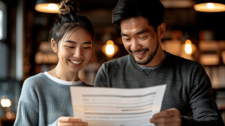 A couple smiles and laughs as they read over a menu in a dimly lit cafe.の素材