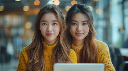 Two young women, possibly twins, look directly at the camera in a candid moment.の素材