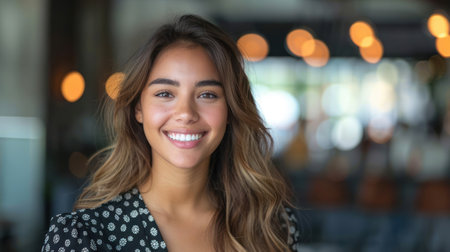 A young woman smiles and looks directly at the camera in a cafe.の素材