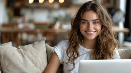 A young woman smiles brightly while using her laptop in a comfortable cafe environment.の素材