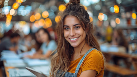 A young woman smiles brightly as she sits in a cafe, enjoying the atmosphere and the company around her.の素材