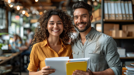 A man and woman stand together in an office, both smiling and holding files.の素材
