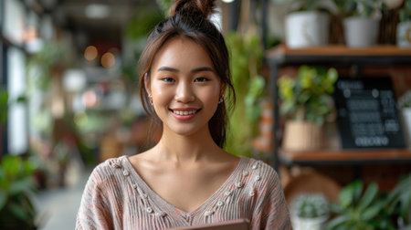 A young woman with a warm smile stands in a cafe, surrounded by lush greenery.の素材