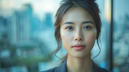 A young woman stars intently into the distance, her face framed by a blurred cityscape backdrop.の素材