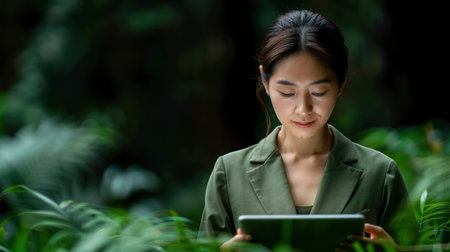 A woman in a green jacket uses a tablet while sitting in a verdant outdoor environment.の素材