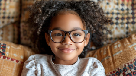 A young girl with curly hair smiles while wearing glasses and relaxing on a couch.の素材
