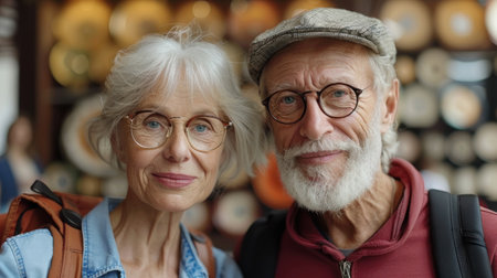 An elderly couple, smiling and looking at the camera, stand close together in an outdoor market setting.の素材