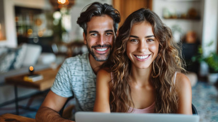 A smiling couple sits together, looking at a laptop screen, in a comfortable, homey setting.の素材