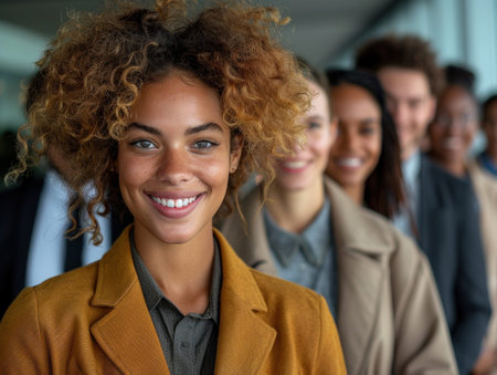 A woman with curly hair smiles confidently as she stands in line with other professionals.の素材