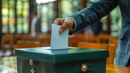A person casts a ballot in a ballot box at a polling place.の素材
