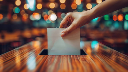 A hand drops a blank ballot into a wooden ballot box at night.の素材