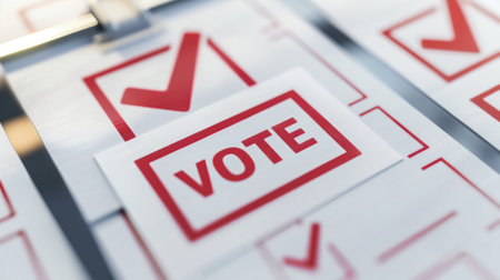 A red Vote sticker on a white ballot paper, with checkmarks in the background.の素材