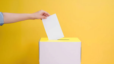 A hand reaches into a ballot box, dropping a blank white paper.の素材