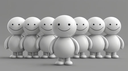 A line of simple white figures with drawn-on smiles stands in a row on a gray background.の素材