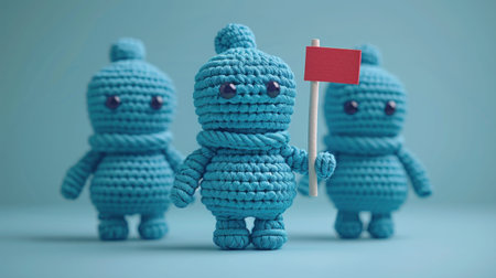 A blue knitted figure holding a red flag stands in front of two other blue figures.の素材