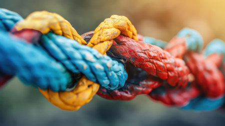 Close-up of a colorful rope knot, showing the vibrant hues of blue, yellow, and red.の素材