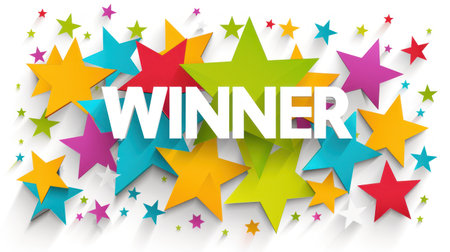 A graphic of the word winner surrounded by colorful stars.の素材