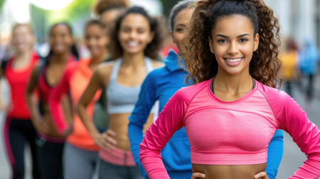 A young woman smiles as she runs in a race outdoors.の素材
