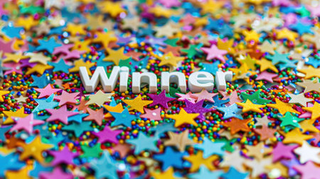 A white word winner is placed on colorful star shaped confetti.の素材