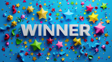 A festive blue background with the word Winner in white, surrounded by colorful confetti and stars.の素材