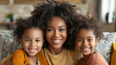 A happy family of three, with a mom and her two young daughters smiling for a portrait.の素材
