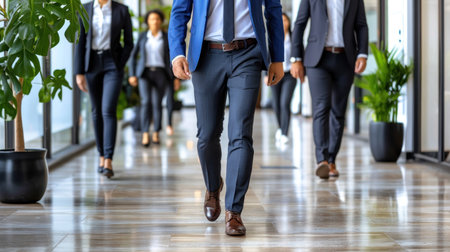 A businessman in a suit walks through a modern office lobby.の素材