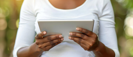 A womans hands holding a tablet in front of an out-of-focus green background.の素材