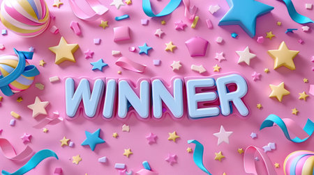 Pink and blue 3D winner text surrounded by confetti and stars.の素材