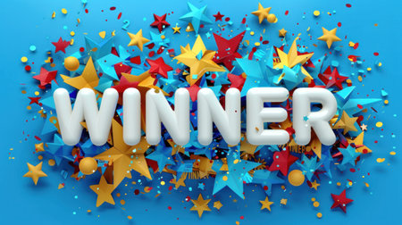 A 3D rendering of the word winner on a blue background with colorful confetti and stars.の素材