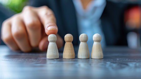 A hand points at a wooden figure in a row of figures on a table.の素材