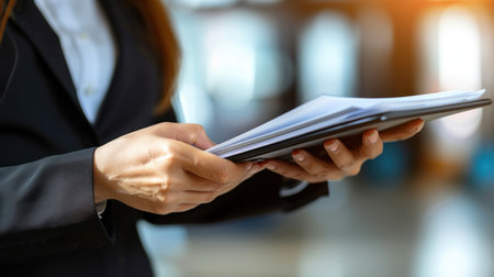 Businesswoman reviewing documents in an office setting.の素材