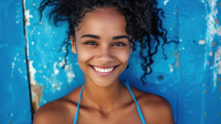 Woman with curly hair smiles brightly against a blue wall.の素材