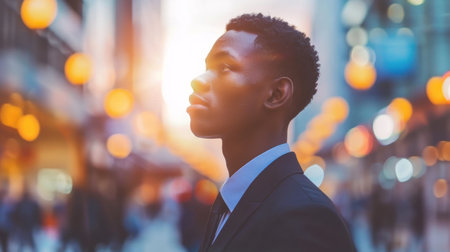 A young man in a suit looks up towards the sunset in a city street.の素材