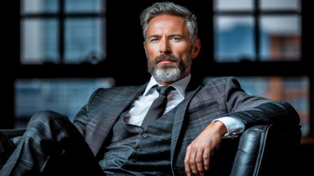 A man in a suit sits in a leather chair.の素材