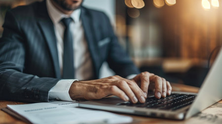 Closeup of a mans hands typing on a laptop.の素材
