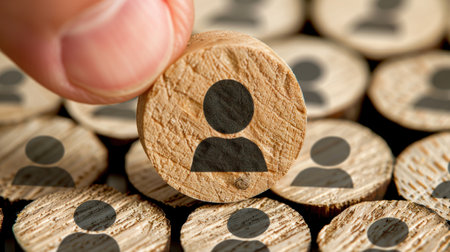 A hand selects a wooden token with a person symbol from a group of similar tokens.の素材