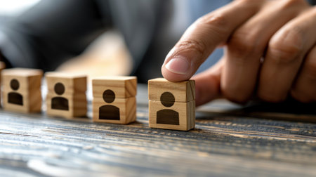 A hand places a wooden block with a person icon on it in a row of similar blocks.の素材