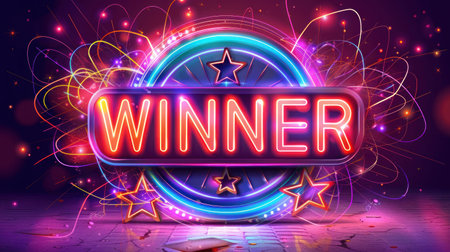 A neon sign that reads Winner with stars and lights.の素材