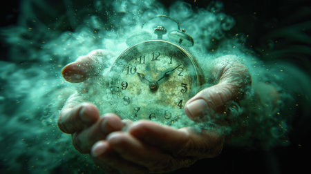 A close-up image of hands holding an old-fashioned alarm clock with green smoke surrounding it.の素材