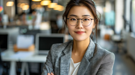 A woman wearing glasses stands confidently in an office setting, showing her professionalism and determination.の素材
