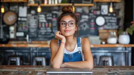A young woman sits at a table in a coffee shop, looking thoughtfully off to the side while resting her chin on her hand.の素材