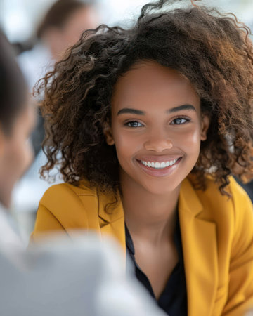A young woman smiles brightly during a meeting, radiating warmth and confidence.の素材