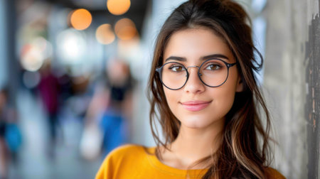 A young woman with long brown hair, wearing round glasses and a yellow shirt, smiles as she leans against a wall.の素材