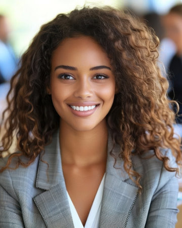 A woman with curly hair and a bright smile poses in a professional setting.の素材
